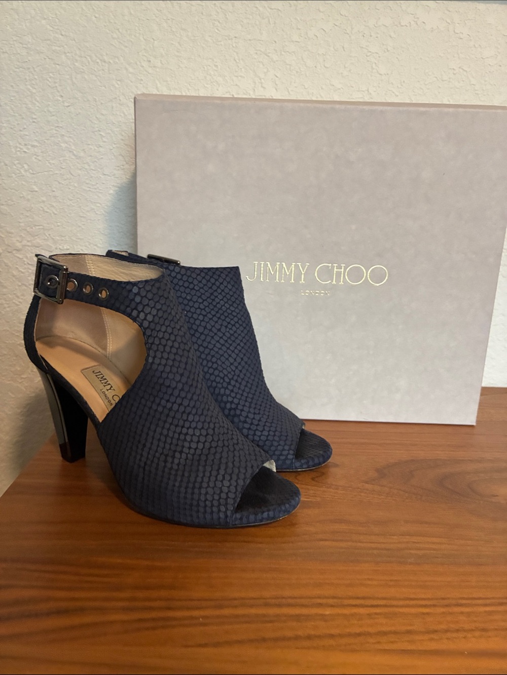 Jimmy Choo Textured Navy Open-Toe Slingback Heels